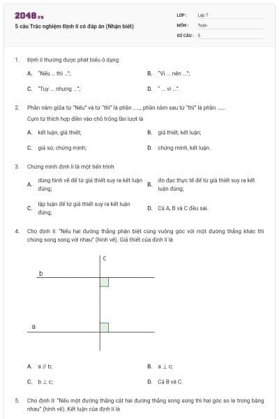 5 câu Trắc nghiệm Định lí có đáp án (Nhận biết)