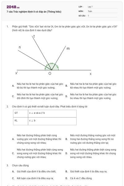 7 câu Trắc nghiệm Định lí có đáp án (Thông hiểu)
