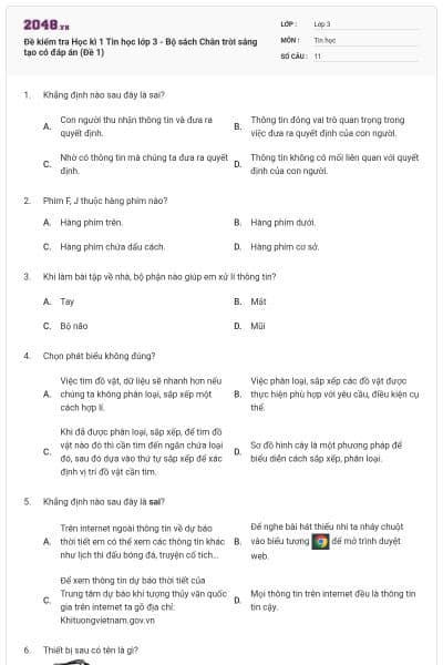 Đề kiểm tra Học kì 1 Tin học lớp 3 - Bộ sách Chân trời sáng tạo có đáp án (Đề 1)