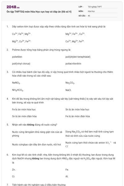 Ôn tập THPTGQ môn Hóa Học cực hay có đáp án (Đề số 4)