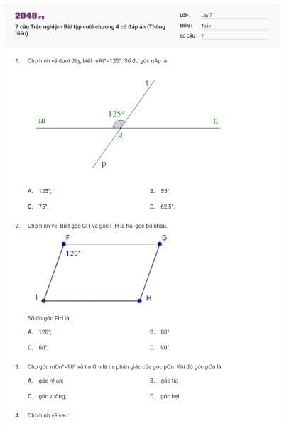 7 câu Trắc nghiệm Bài tập cuối chương 4 có đáp án (Thông hiểu)