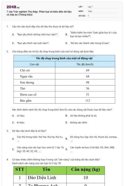 7 câu Trắc nghiệm Thu thập. Phân loại và biểu diễn dữ liệu có đáp án (Thông hiểu)