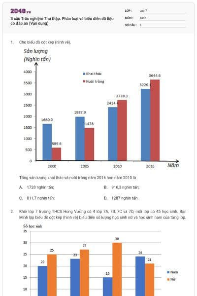3 câu Trắc nghiệm Thu thập. Phân loại và biểu diễn dữ liệu có đáp án (Vận dụng)