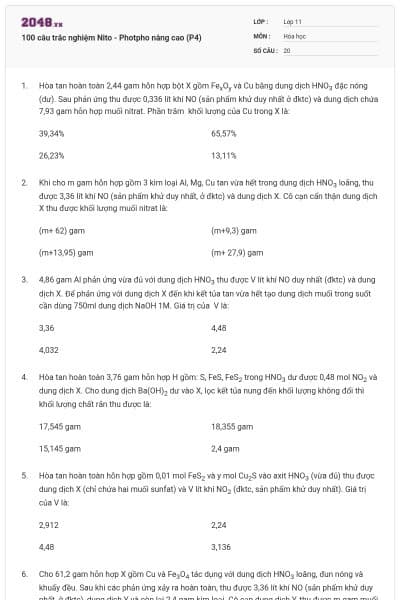 100 câu trắc nghiệm Nito - Photpho nâng cao (P4)