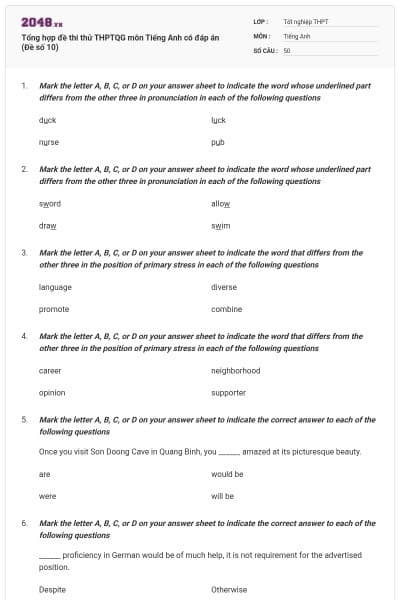 Tổng hợp đề thi thử THPTQG môn Tiếng Anh có đáp án (Đề số 10)