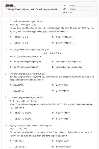 17 Bài tập Tính tốc độ trung bình của phản ứng (có lời giải)