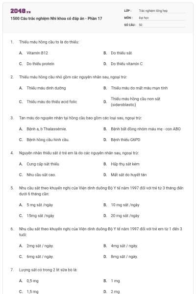 1500 Câu trắc nghiệm Nhi khoa có đáp án - Phần 17
