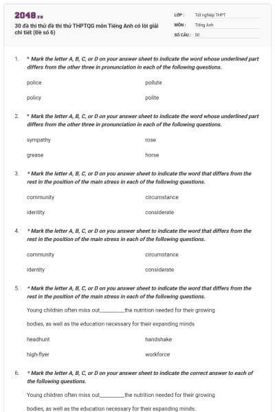 30 đề thi thử đề thi thử THPTQG môn Tiếng Anh có lời giải chi tiết (Đề số 6)