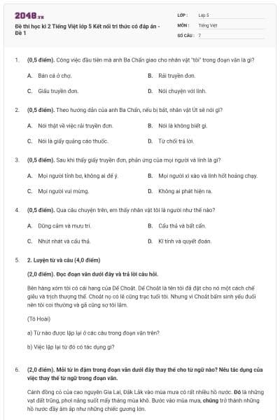 Đề thi học kì 2 Tiếng Việt lớp 5 Kết nối tri thức có đáp án - Đề 1