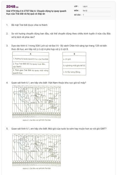 Giải VTH Địa lí 6 CTST Bài 6: Chuyển động tự quay quanh trục của Trái đất và hệ quả có đáp án
