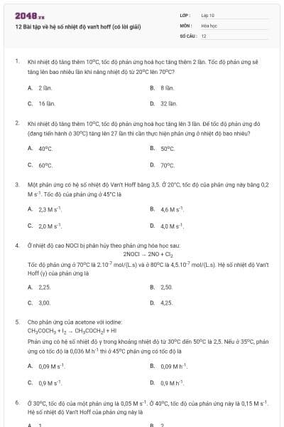 12 Bài tập về hệ số nhiệt độ van't hoff (có lời giải)