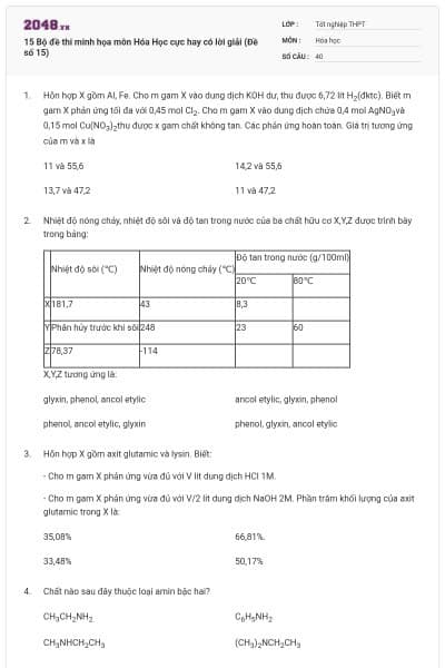 15 Bộ đề thi minh họa môn Hóa Học cực hay có lời giải (Đề số 15)