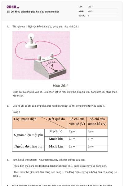 Bài 26: Hiệu điện thế giữa hai đầu dụng cụ điện