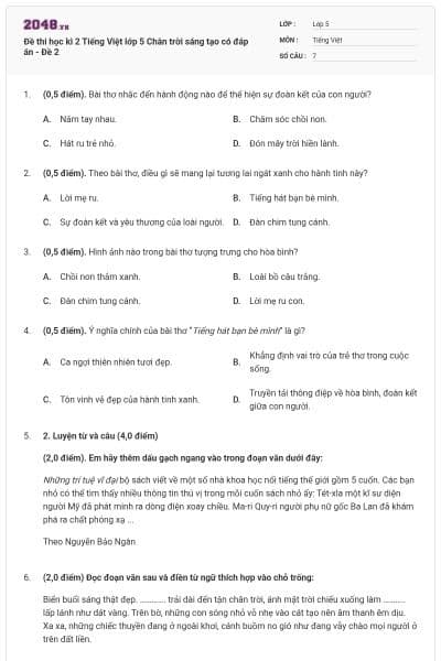 Đề thi học kì 2 Tiếng Việt lớp 5 Chân trời sáng tạo có đáp án - Đề 2