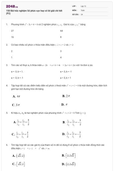 150 Bài trắc nghiệm Số phức cực hay có lời giải chi tiết (P2)
