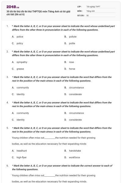 30 đề thi thử đề thi thử THPTQG môn Tiếng Anh có lời giải chi tiết (Đề số 6)