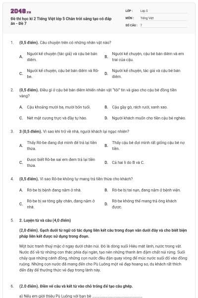 Đề thi học kì 2 Tiếng Việt lớp 5 Chân trời sáng tạo có đáp án - Đề 7