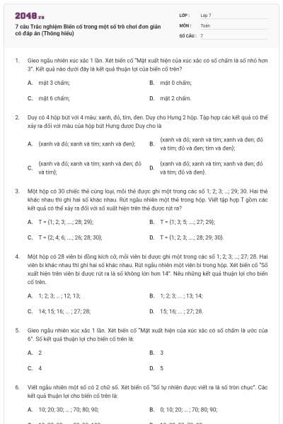 7 câu Trắc nghiệm Biến cố trong một số trò chơi đơn giản có đáp án (Thông hiểu)