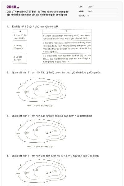 Giải VTH Địa lí 6 CTST Bài 11: Thực hành: Đọc lượng đồ địa hình tỉ lệ lớn và lát cắt địa hình đơn giản có đáp án