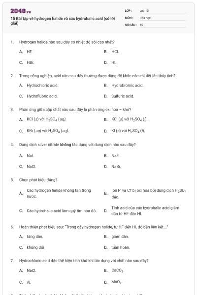 15 Bài tập về hydrogen halide và các hydrohalic acid (có lời giải)