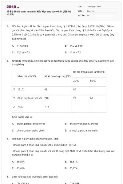 15 Bộ đề thi minh họa môn Hóa Học cực hay có lời giải (Đề số 15)