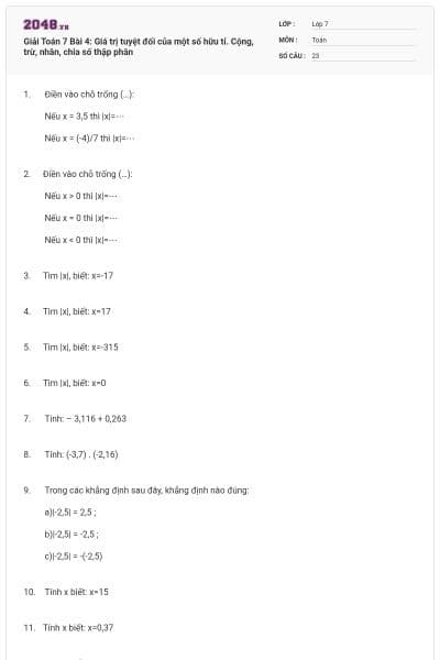 Giải Toán 7 Bài 4: Giá trị tuyệt đối của một số hữu tỉ. Cộng, trừ, nhân, chia số thập phân