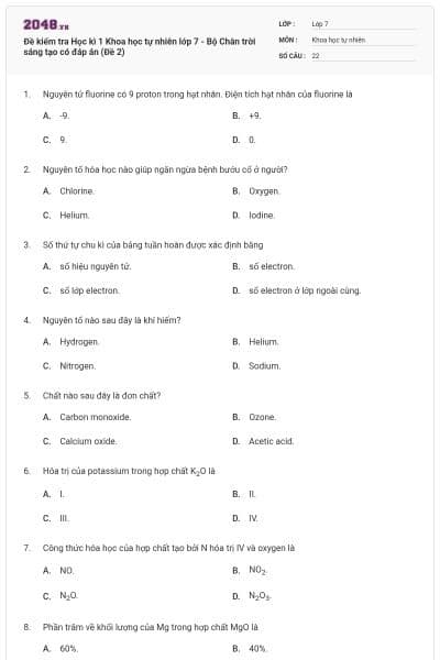 Đề kiểm tra Học kì 1 Khoa học tự nhiên lớp 7 - Bộ Chân trời sáng tạo có đáp án (Đề 2)