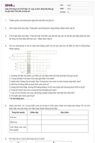 Giải VTH Địa lí 6 CTST Bài 12: Lớp vỏ khí .Khối khí.Khí áp và gió trên Trái đất có đáp án