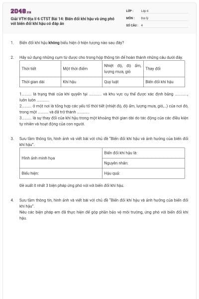 Giải VTH Địa lí 6 CTST Bài 14: Biến đổi khí hậu và ứng phó với biến đổi khí hậu có đáp án