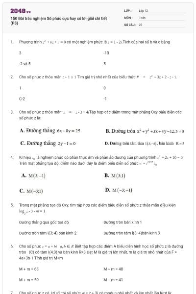 150 Bài trắc nghiệm Số phức cực hay có lời giải chi tiết (P3)