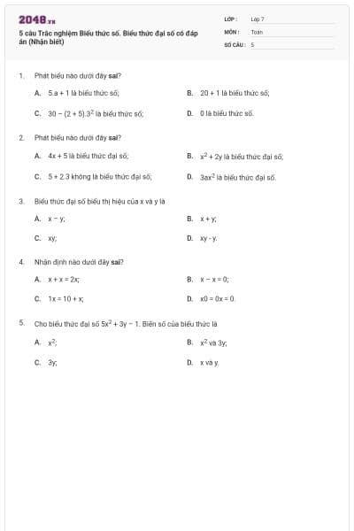 5 câu Trắc nghiệm Biểu thức số. Biểu thức đại số có đáp án (Nhận biết)