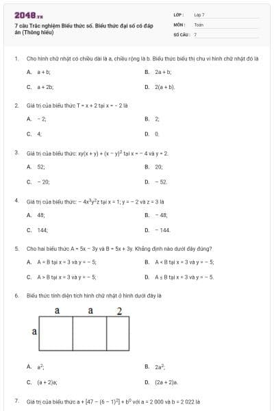 7 câu Trắc nghiệm Biểu thức số. Biểu thức đại số có đáp án (Thông hiểu)