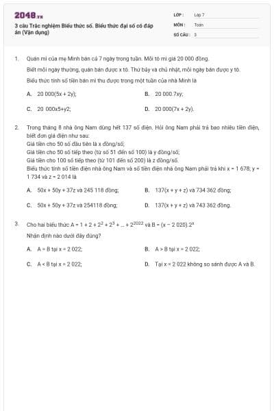 3 câu Trắc nghiệm Biểu thức số. Biểu thức đại số có đáp án (Vận dụng)