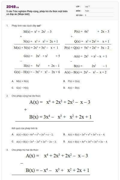 5 câu Trắc nghiệm Phép cộng, phép trừ đa thức một biến có đáp án (Nhận biết)