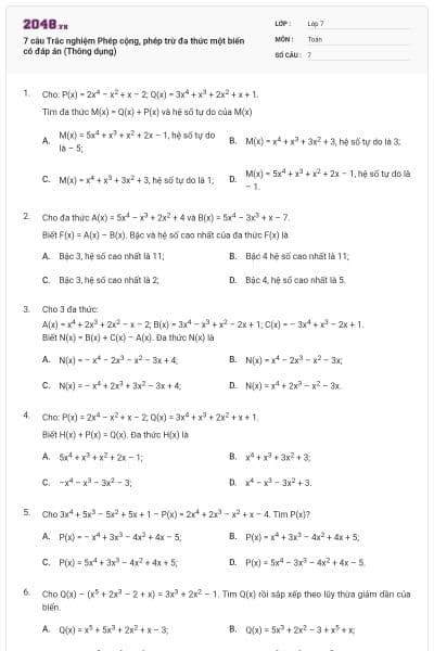 7 câu Trắc nghiệm Phép cộng, phép trừ đa thức một biến có đáp án (Thông dụng)