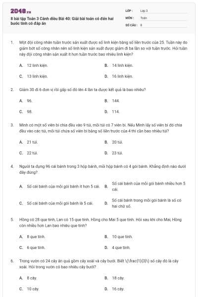 8 bài tập Toán 3 Cánh diều Bài 40: Giải bài toán có đến hai bước tính có đáp án