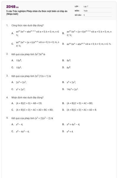 5 câu Trắc nghiệm Phép nhân đa thức một biến có đáp án (Nhận biết)
