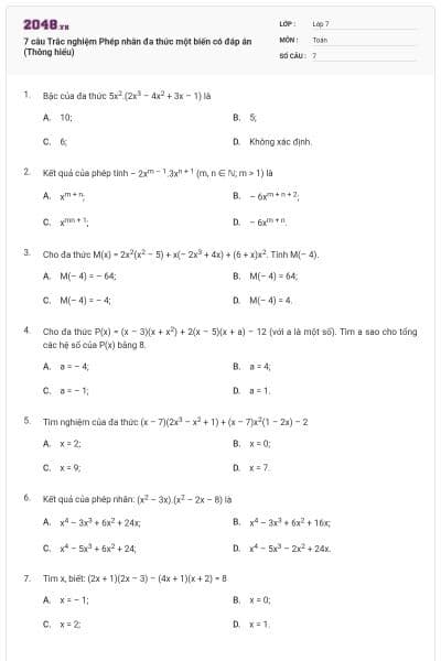 7 câu Trắc nghiệm Phép nhân đa thức một biến có đáp án (Thông hiểu)