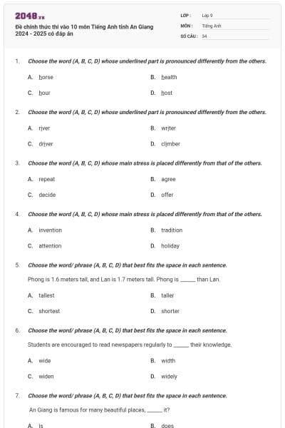 Đề chính thức thi vào 10 môn Tiếng Anh tỉnh An Giang 2024 - 2025 có đáp án