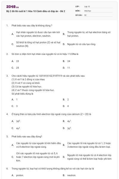 Bộ 2 đề thi cuối kì 1 Hóa 10 Cánh diều có đáp án - Đề 2