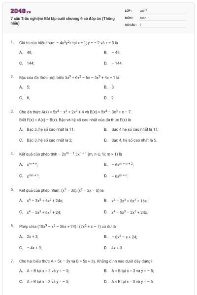 7 câu Trắc nghiệm Bài tập cuối chương 6 có đáp án (Thông hiểu)