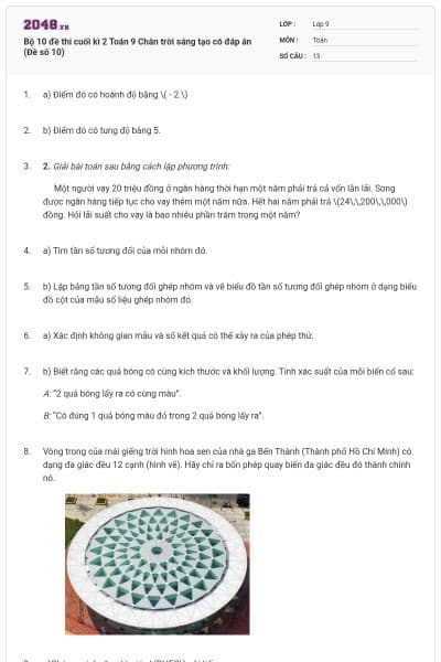 Bộ 10 đề thi cuối kì 2 Toán 9 Chân trời sáng tạo có đáp án (Đề số 10)