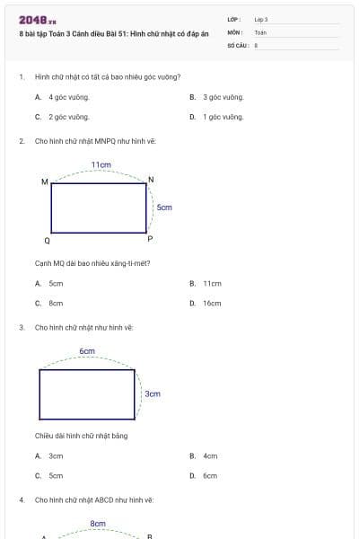 8 bài tập Toán 3 Cánh diều Bài 51: Hình chữ nhật có đáp án