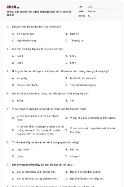 10 câu trắc nghiệm Tôi là học sinh lớp 2 Kết nối tri thức có đáp án