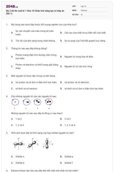 Bộ 2 đề thi cuối kì 1 Hóa 10 Chân trời sáng tạo có đáp án (Đề 1)