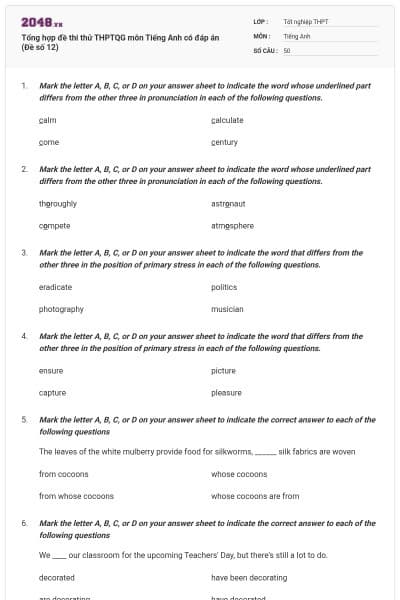 Tổng hợp đề thi thử THPTQG môn Tiếng Anh có đáp án (Đề số 12)