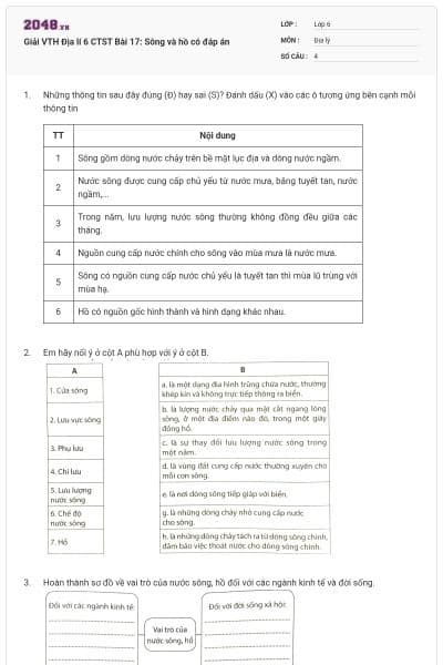 Giải VTH Địa lí 6 CTST Bài 17: Sông và hồ có đáp án