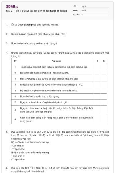 Giải VTH Địa lí 6 CTST Bài 18: Biển và đại dương có đáp án