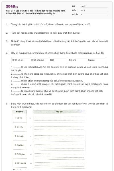 Giải VTH Địa lí 6 CTST Bài 19: Lớp đất và các nhân tố hình thành đất .Một số nhóm đất điển hình có đáp án