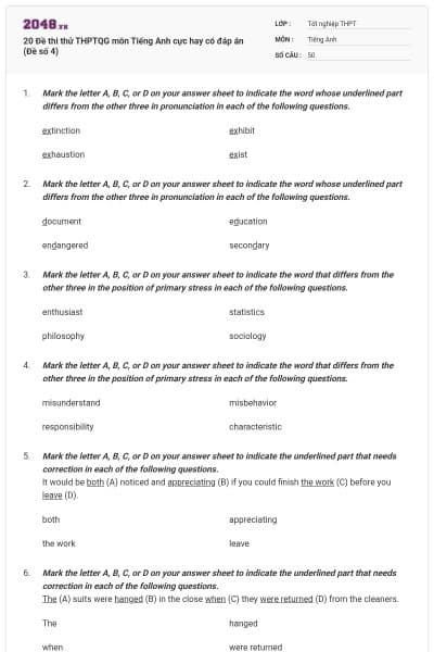 20 Đề thi thử THPTQG môn Tiếng Anh cực hay có đáp án (Đề số 4)
